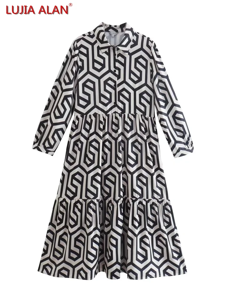New Women Geometric Print Tiered Ruffle Shirt Dress Female Nine Quarter Sleeve Midi Vestidos LUJIA ALAN WD085
New Women Geometric Print Tiered Ruffle Shirt Dress Female Nine Quarter Sleeve Midi Vestidos LUJIA ALAN WD085