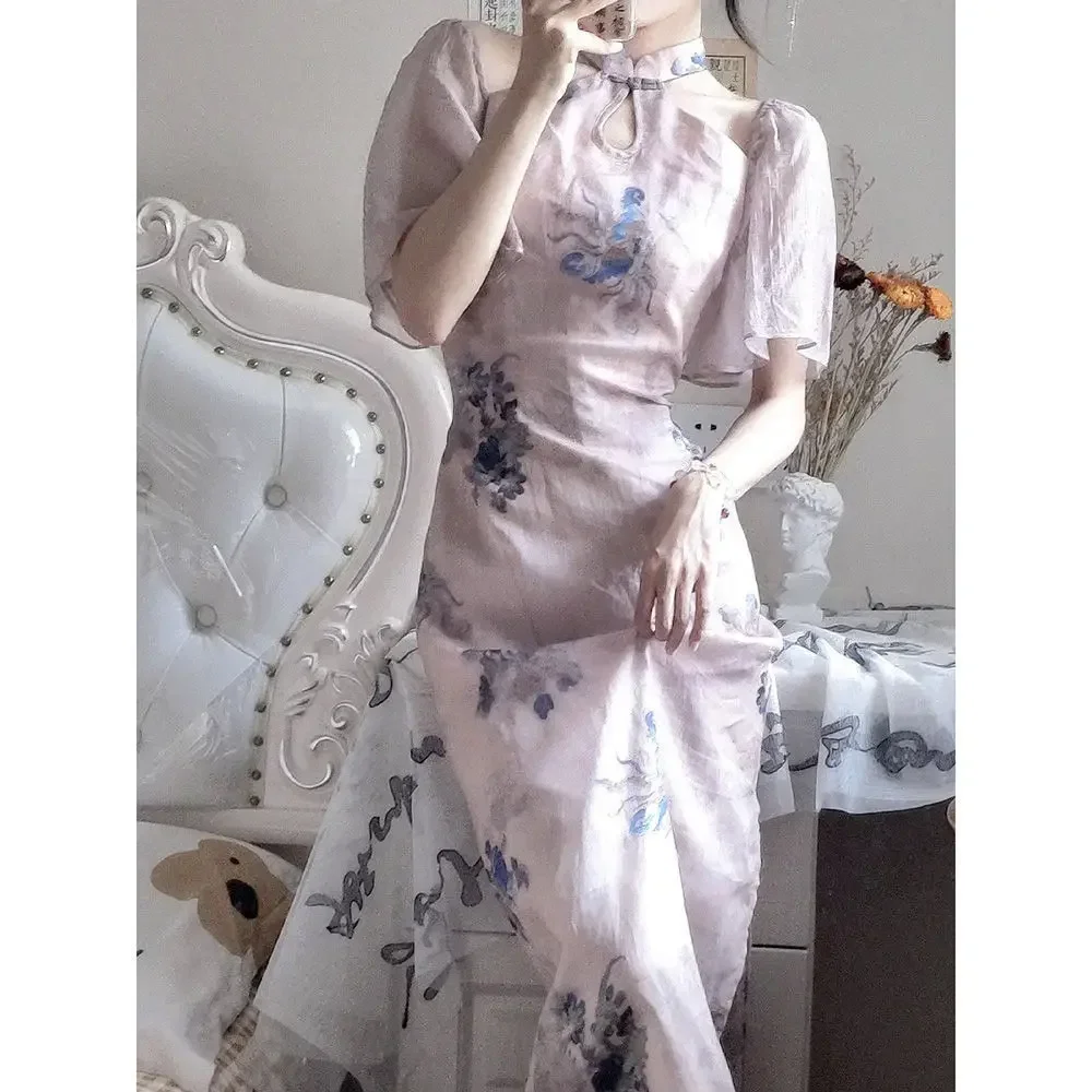 

2023 Elegant Purple Halter Neck Puff Sleeve Improved Cheongsam Dresses for Women Sexy Slim Slit Dress Chinese Style Qipao Dress