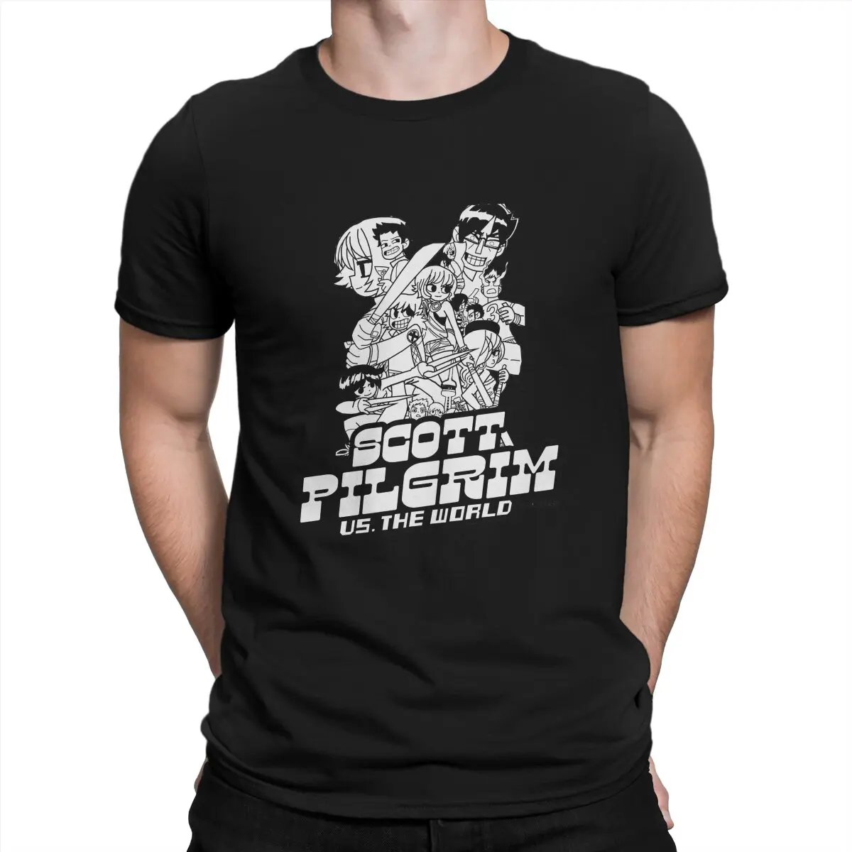 

Черно-белые мужские футболки Скотт Пилигрим Vs The World, веселые футболки с круглым вырезом, оригинальные топы