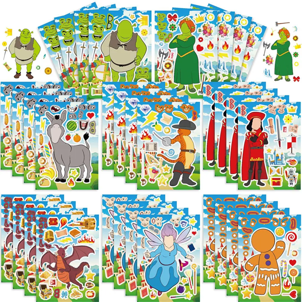 

16 листов наклеек-пазлов Шрек «сделай лицо осла», мультяшная детская игра, креативная сборка, головоломки игрушки для детей и девочек