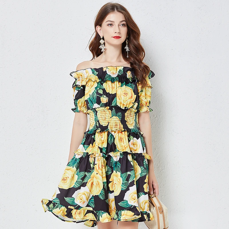 2022 New Summer Sexy Off-The-Shoulder Flower Print Dress Women's Slash Neck Elastic Waist Short-Sleeved Ruffle Beach Dress
2022 New Summer Sexy Off-The-Shoulder Flower Print Dress Women's Slash Neck Elastic Waist Short-Sleeved Ruffle Beach Dress