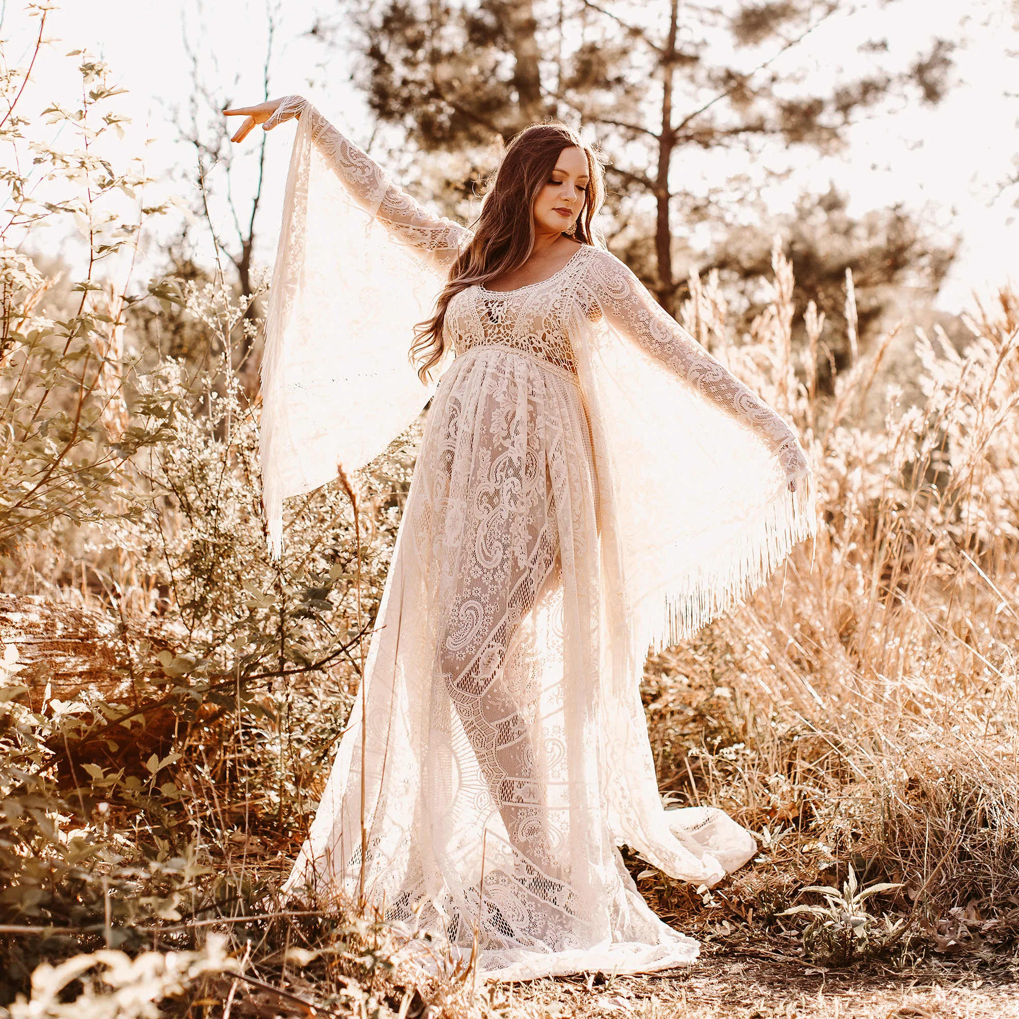 

Don&Judy Boho Bride Dress With Long Tassels Maternity Photography Maxi Lace Party Wedding Dresses for Pregnant Women Photo Shoot