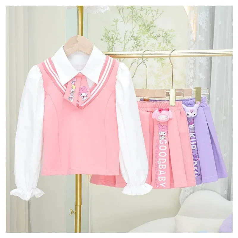 

Cartoon Sanrios Girls' Academy Style Uniform Set Anime My Melody Kuromi Cute JK Shirt Top Pleated Skirt 2-piece Set Kids Gift