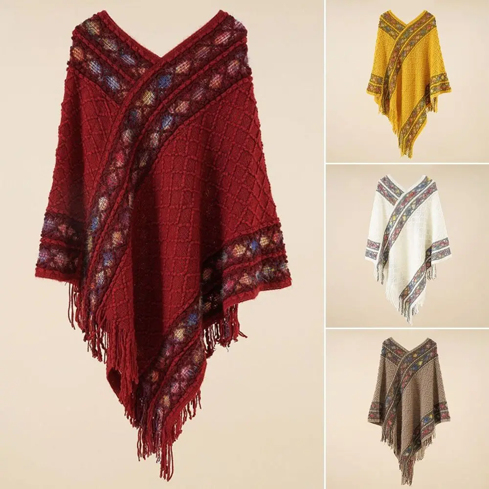 

Winter Warm Mongolian Poncho Plush Imitation Cashmere Ethnic Style Knitting Wraps Rhombic Stripe Tassel Shawl Women Fashion