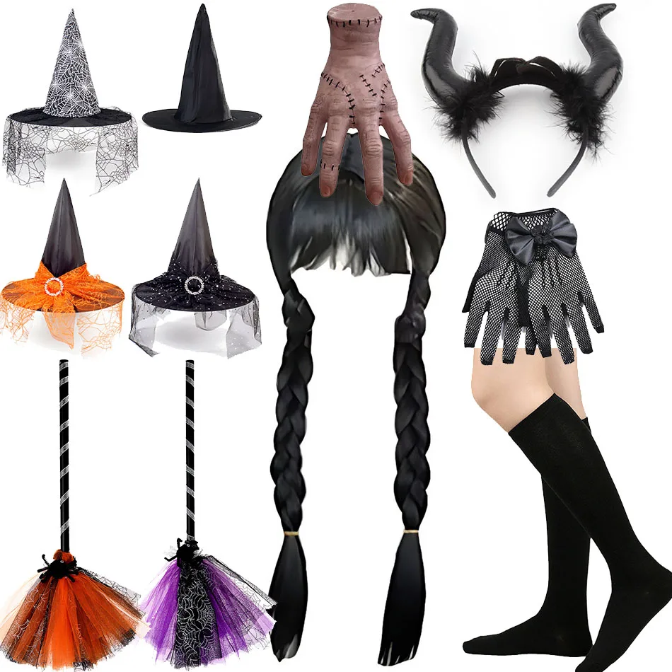 

Парик для девочек в среду, перчатки для рук, аксессуары для принцессы, Детский костюм для Хэллоуина, Детская шляпа ведьмы, метла, повязка на голову
