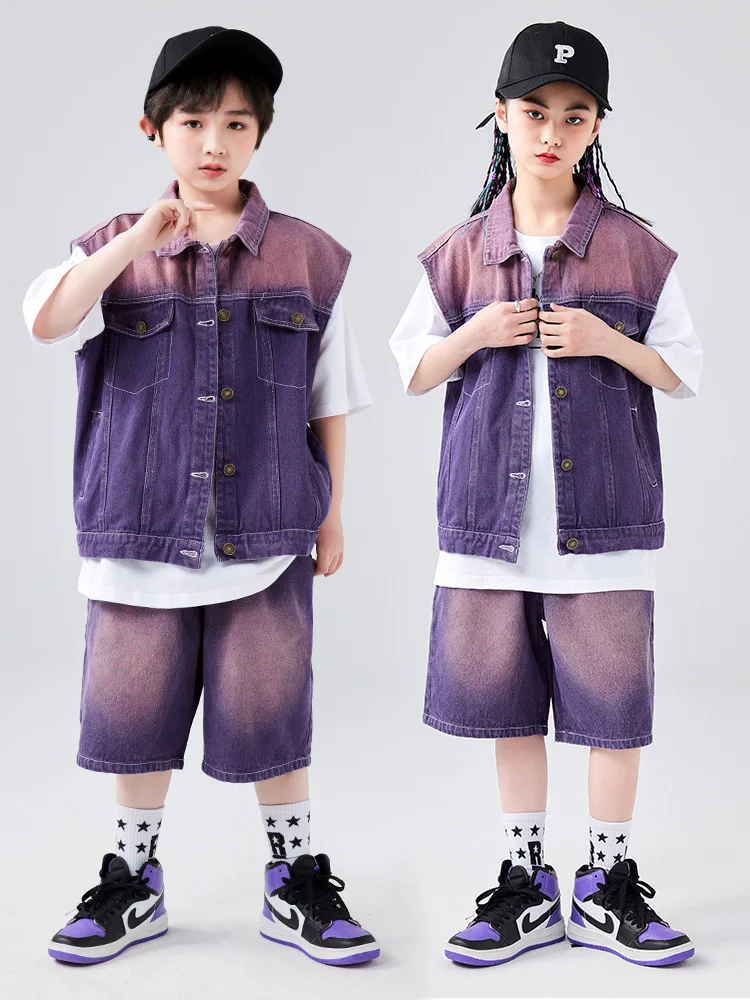 2023 Kids Hip Hop Street Dance Costume Purple Denim Vest Shorts Boys Girls Jazz Dance Performance Clothes Stage Outfits BL10826
2023 Kids Hip Hop Street Dance Costume Purple Denim Vest Shorts Boys Girls Jazz Dance Performance Clothes Stage Outfits BL10826