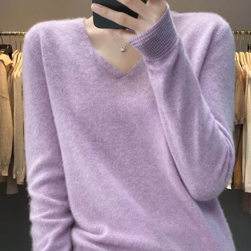 Женский кашемировый свитер с V-образным вырезом, женский свитер из 100% чистой шерсти, вязаный пуловер с длинным рукавом, Модный повседневный топ в южнокорейском стиле
Женский кашемировый свитер с V-образным вырезом, женский свитер из 100% чистой шерсти, вязаный пуловер с длинным рукавом, Модный повседневный топ в южнокорейском стиле