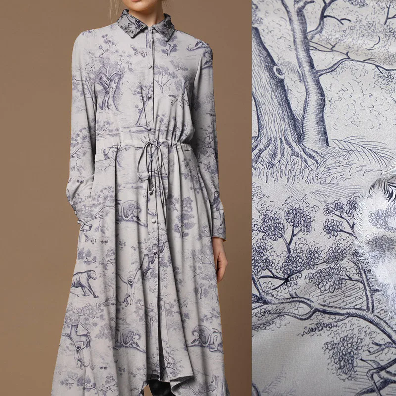 

140CM Wide 17MM Thin Silk Crepe de Chine Fabric-Blue Animal Print-Perfect for Cheongsam Dress Shirt-Soft Silk Fabric R071
