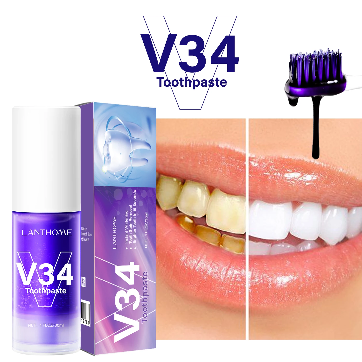 

30ml V34 Teeth Whiteing Mousse Professional Lanthome Purple Toothpaste Corrector Deep Cleaning Smoke Coffee Stain Removal Foam