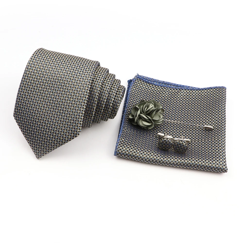 

Classic Striped Tie Set Blue Pocket Square Handkerchief Jewelry Cufflinks Flower Brooch For Unique Wedding Daily Wear Party Gift