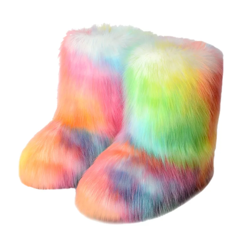 

Winter Fuzzy Boots Women Furry Shoes Fluffy Fur Snow Boots Plush lining Slip-on Rubber Flat Outdoor Bowtie Warm Ladies Footwear