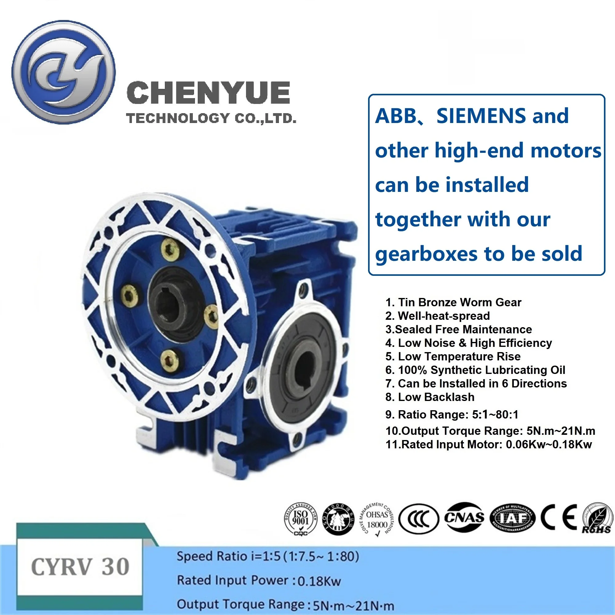 CHENYUE Worm Gear Reducer NMRV 30 CYRV30 Gearbox Reducer Input 9/11mm Output 14mm Ratio 5:1/80:1 Free Maintenance
CHENYUE Worm Gear Reducer NMRV 30 CYRV30 Gearbox Reducer Input 9/11mm Output 14mm Ratio 5:1/80:1 Free Maintenance