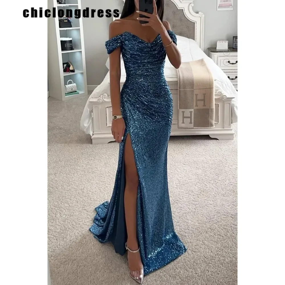 

Women's Sexy Off Shoulder Sequin Evening Dress, Elegant Slash Neck, Split Floor, Party Dress, Autumn Fashion, 2024