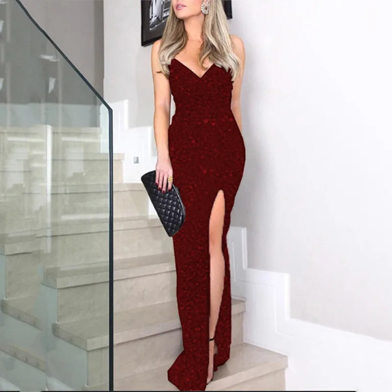 

2024 Summer New Women's Clothing Solid Color High Waist Sexy Fashion Dress Sequined Suspender Slit Formal Dress