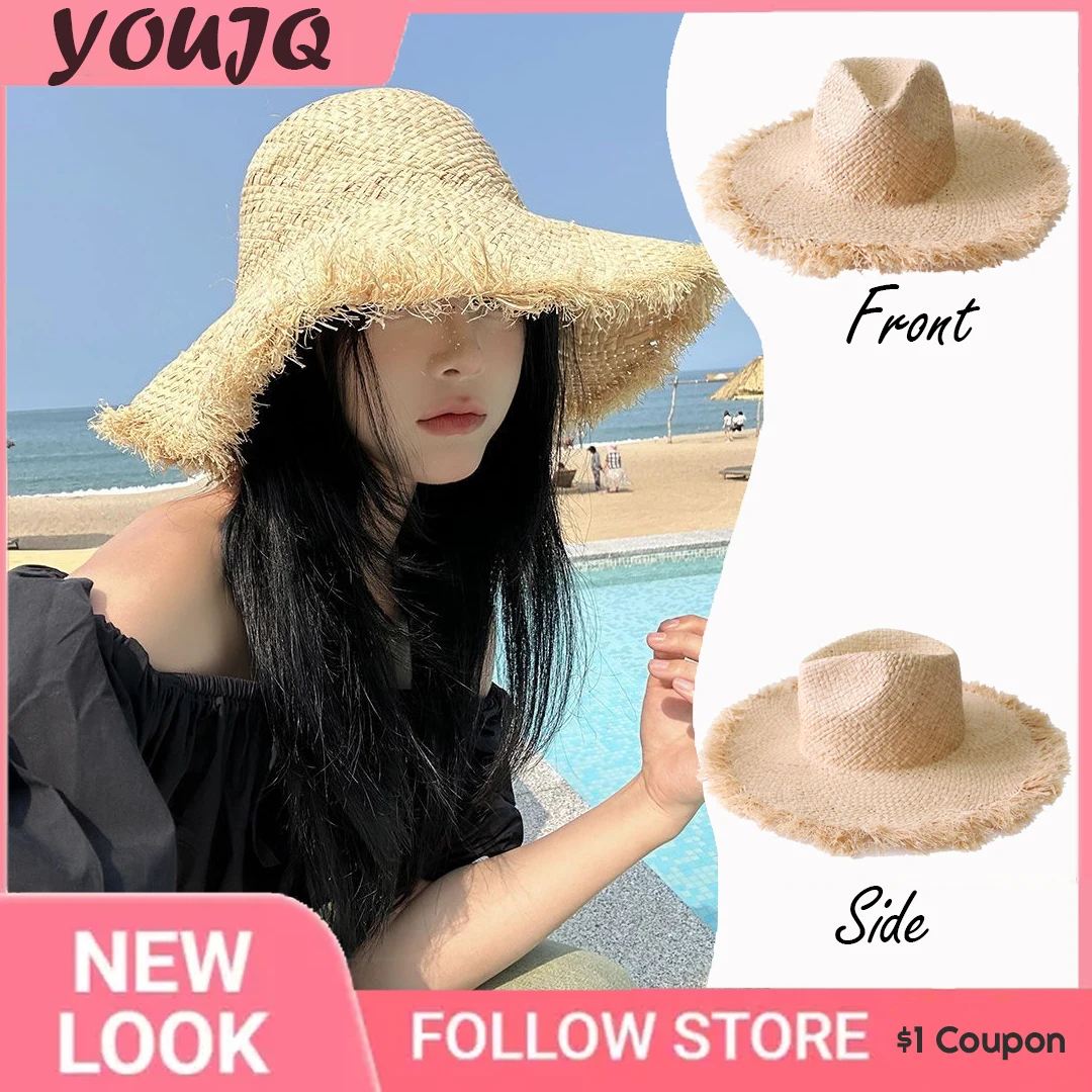 

Summer Natural Raffia Straw Cap Large Wide Brim Sun Hats for Women Panama Ladies Anit-uv Travel Holiday Beige Beach Floppy Hat