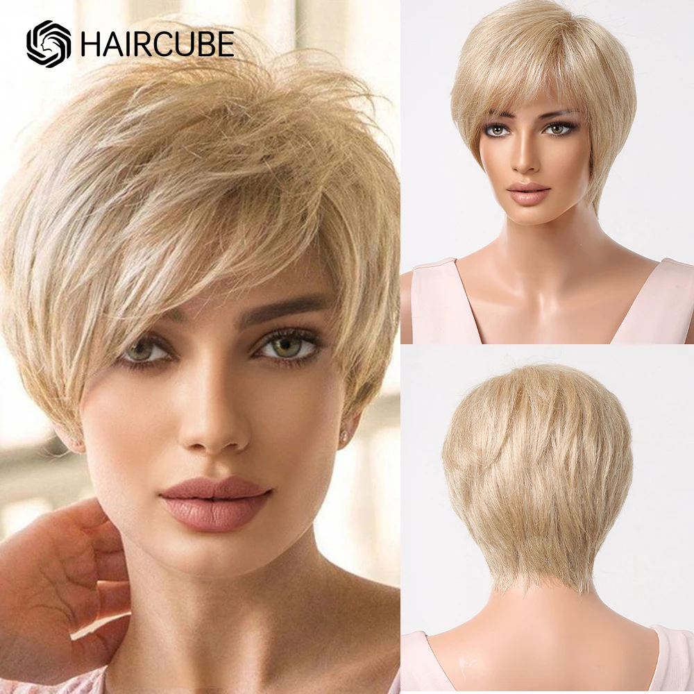 

Short Pixie Cut Human Hair Blend Wigs with Side Fluffy Bangs Light Golden Honey Blonde Layered Women's Wavy Wig Natural Daily