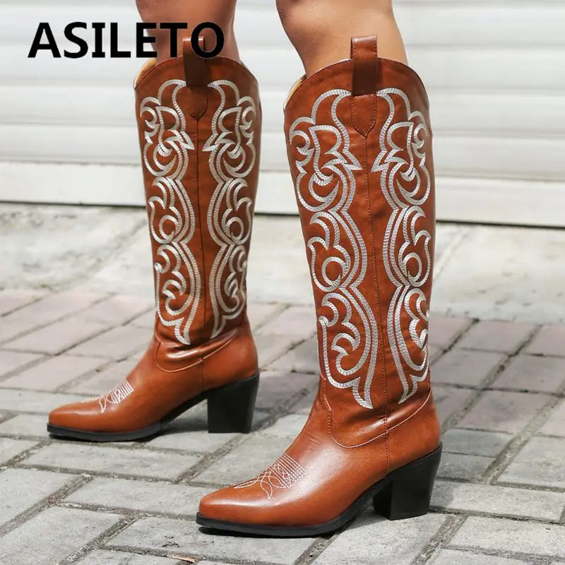 

ASILETO Female Western Boots Square Toe Block Heel 7cm Slip On Embroider Big Size 42 43 Casual Daily Autumn Women Long Booties