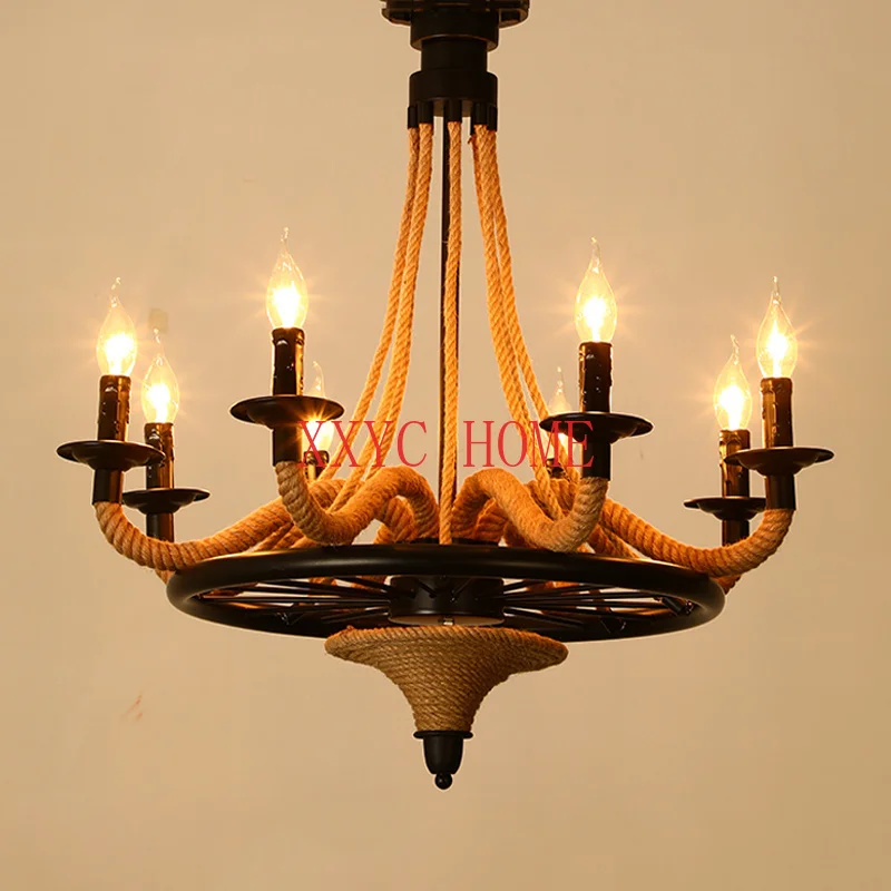 

Loft American Wooden Chandelier Nostalgic Restaurant Living Room Bar Internet Cafe Light Industrial Lamp Hemp Rope Pendant Lamp