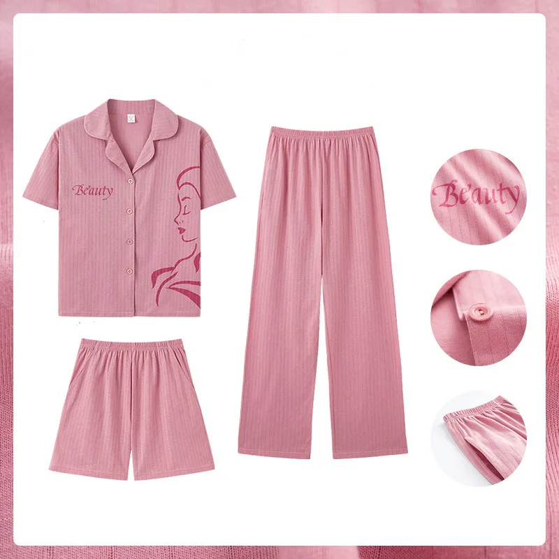 Pajama women's three piece set, summer short sleeved student sweet and cute casual set, home clothing with chest pad for externa
Pajama women's three piece set, summer short sleeved student sweet and cute casual set, home clothing with chest pad for externa