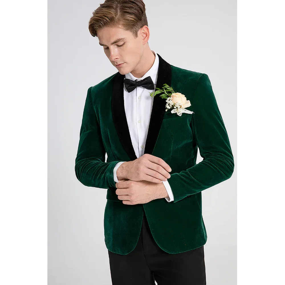 

Green Velvet Men Suits Two Piece High-end Shawl Lapel One Button Banquet Party Suit Slim Groom Wedding Tuxedo (Blazer+Pants)