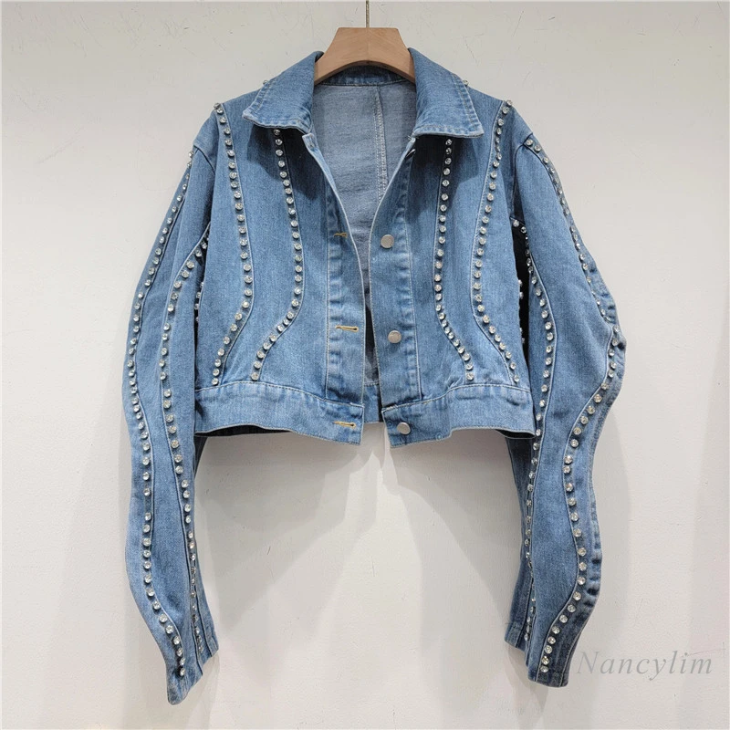 Heavy Industry Rhinestone Cropped Denim Jacket Women's Autumn Coat Design Sense Lapel Long Sleeve Studded Denim Coats 2023
Heavy Industry Rhinestone Cropped Denim Jacket Women's Autumn Coat Design Sense Lapel Long Sleeve Studded Denim Coats 2023
