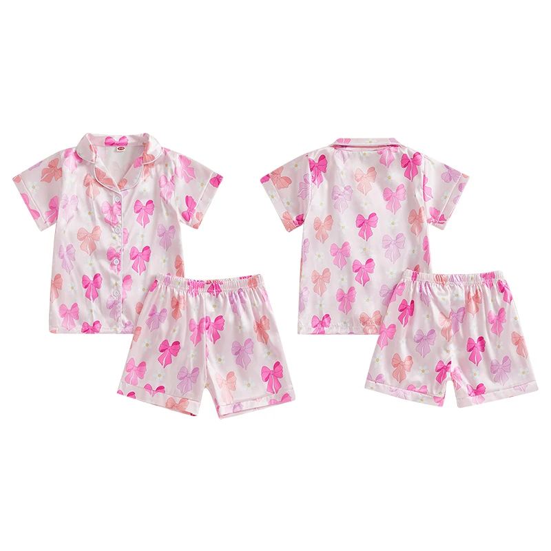 Summer Pajamas Set Bow Print Lapel Short Sleeve Button Down Tops with Shorts Kids Satin 2 Pieces Sleepwear Summer Pajamas Set Bow Print Lapel Short Sleeve Button Down Tops with Shorts Kids Satin 2 Pieces Sleepwear