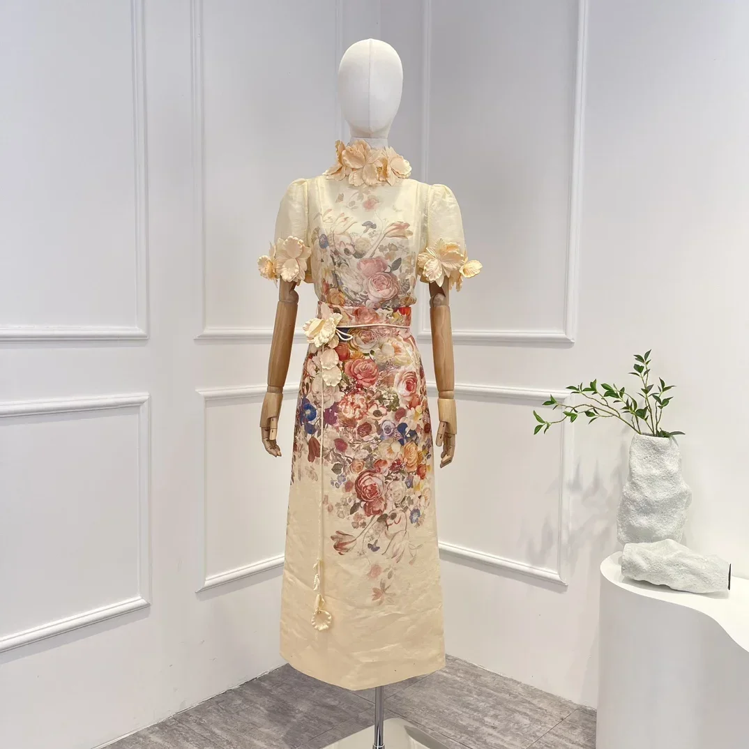 

Женский винтажный комплект из блузки и Юбки миди, элегантный льняной комплект с цветочной аппликацией и коротким рукавом, 2023