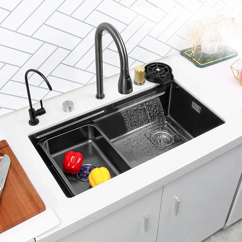 

Hidden Waterfall Sink Undermount Kitchen Sink Single Bowl Stainless Steel Sink Set Workstation with Basket Strainer Drain