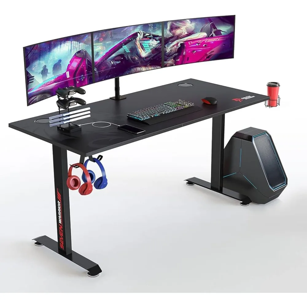 

SEVEN WARRIOR Gaming Desk 60 INCH, T- Shaped Carbon Fiber Surface Computer Desk with Full Desk Mouse Pad