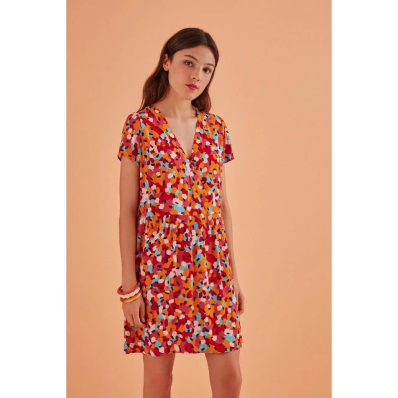 

2023 Spring and Summer Women Jacquard Pleated Neckline Printed Short-sleeved Dress/shirt of The Same Style