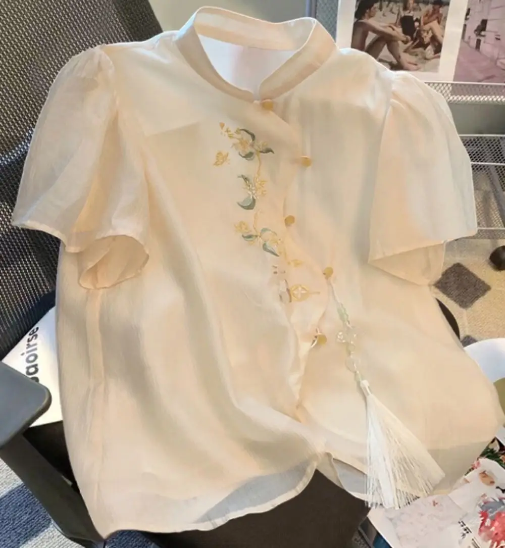 New Chinese Style Tassel Pan Button Chiffon Shirt Women's Summer Embroidery Blouse Ruffle Loose Modified Blouse Top
New Chinese Style Tassel Pan Button Chiffon Shirt Women's Summer Embroidery Blouse Ruffle Loose Modified Blouse Top