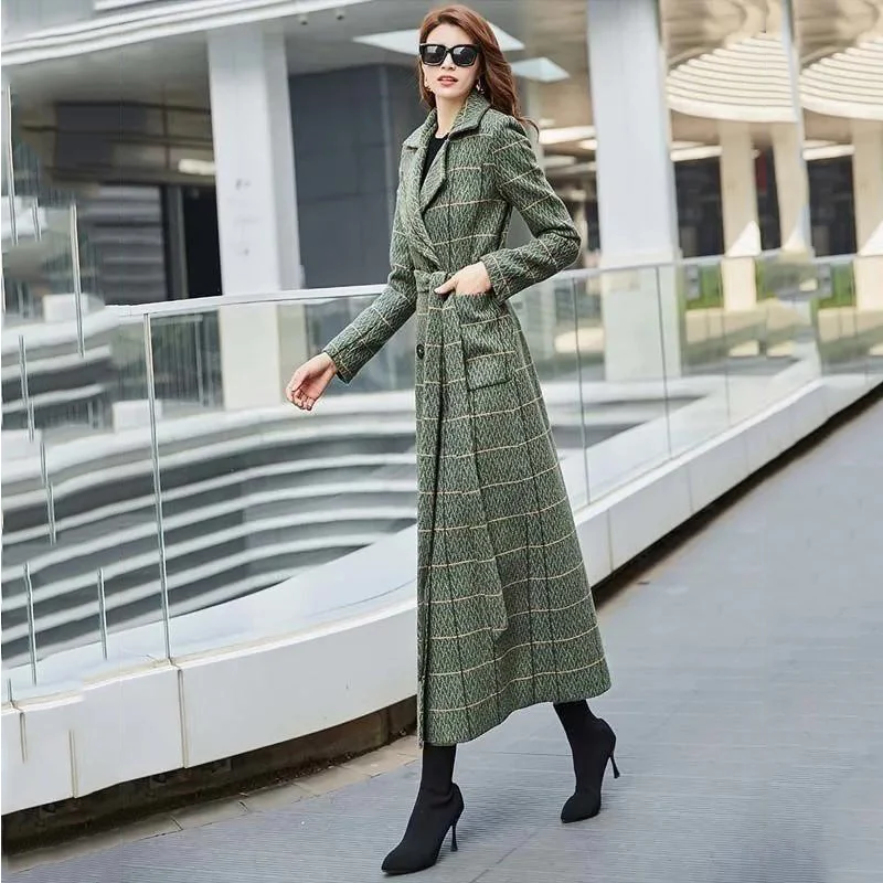 

Green Striped Wool Coat Women 2024 Winter Long Knee-Length Tweed Jacket Slim Double-Breasted Plaid Woolen Trench Overcoat Female