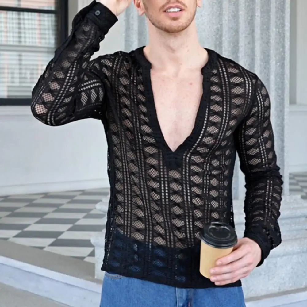 

Perspective Men Shirt Fashionable Men's Nightclub Shirt Stylish Fishnet Hollow Out Slim Fit Long Sleeve Performance Costume Sexy