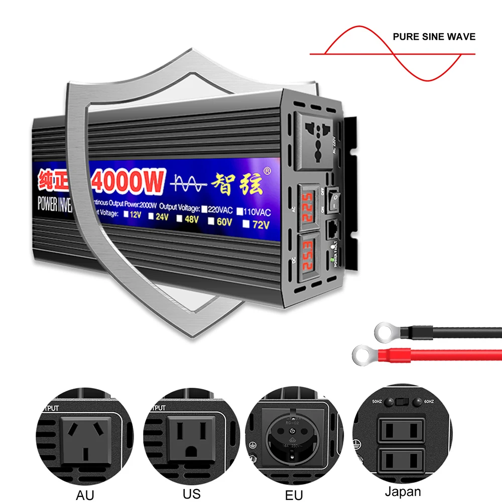 

Pure Sine Wave Inverter Power 4000W 3000W 2000W DC 12V 24V To AC 220V Voltage 50/60HZ Converter Solar Car Inverters With LED Dis