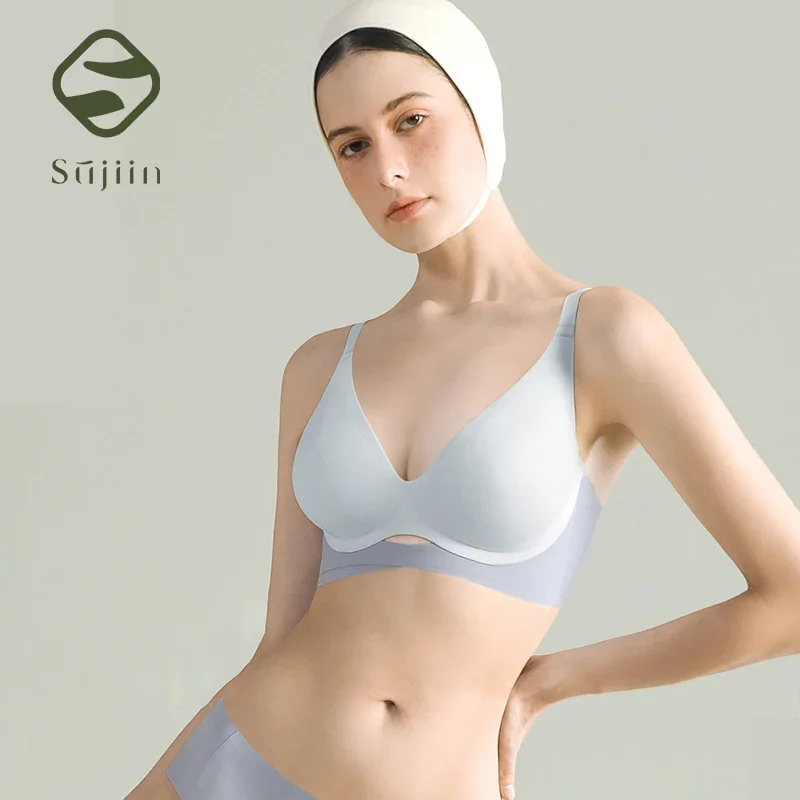 

Sujiin Sexy Seamless Bra for Women Soft Support Fixed Cup Plunge Push Up Bras Cat Mouth Cross-folding Female Underwear MX102G2