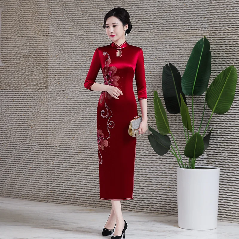 

Burgundy Print Flower Long Qipao Sexy Slim Half Sleeve Cheongsam Chinese Style Female Dress Mandarin Collar Vestidos 3Xl 4Xl