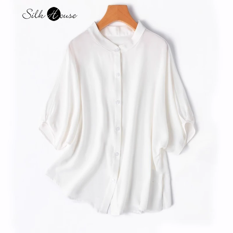 

2024 Women's Summer New 100% Natural Mulberry Silk Crepe De Chine White Standing Neck Raglan Batwing Sleeve Loose Casual Shirt