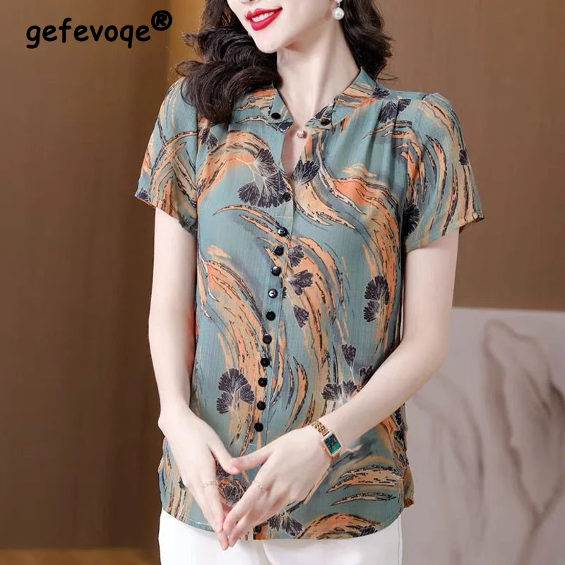 

Women's Clothing Korean Fashion Vintage Print Elegant Button Up Shirt Summer V Neck Short Sleeve Blouse Cotton Linen Tops Blusas