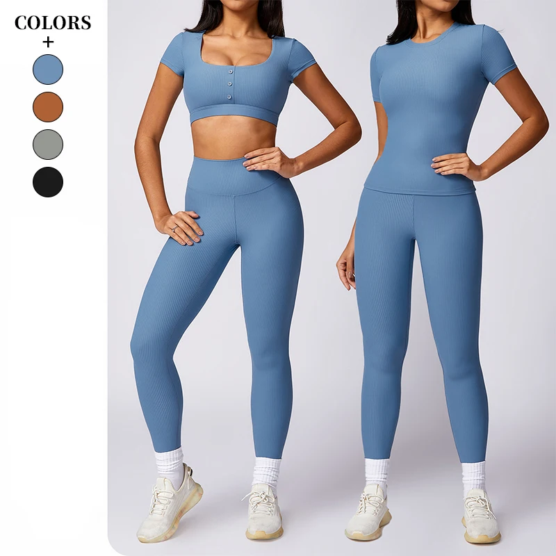 

New Two Pieces Woman Yoga Tight Suit fitness Set Legging Short Sleeves Women's Top Gym Pants Yoga Clothes Sport Outfit For Women