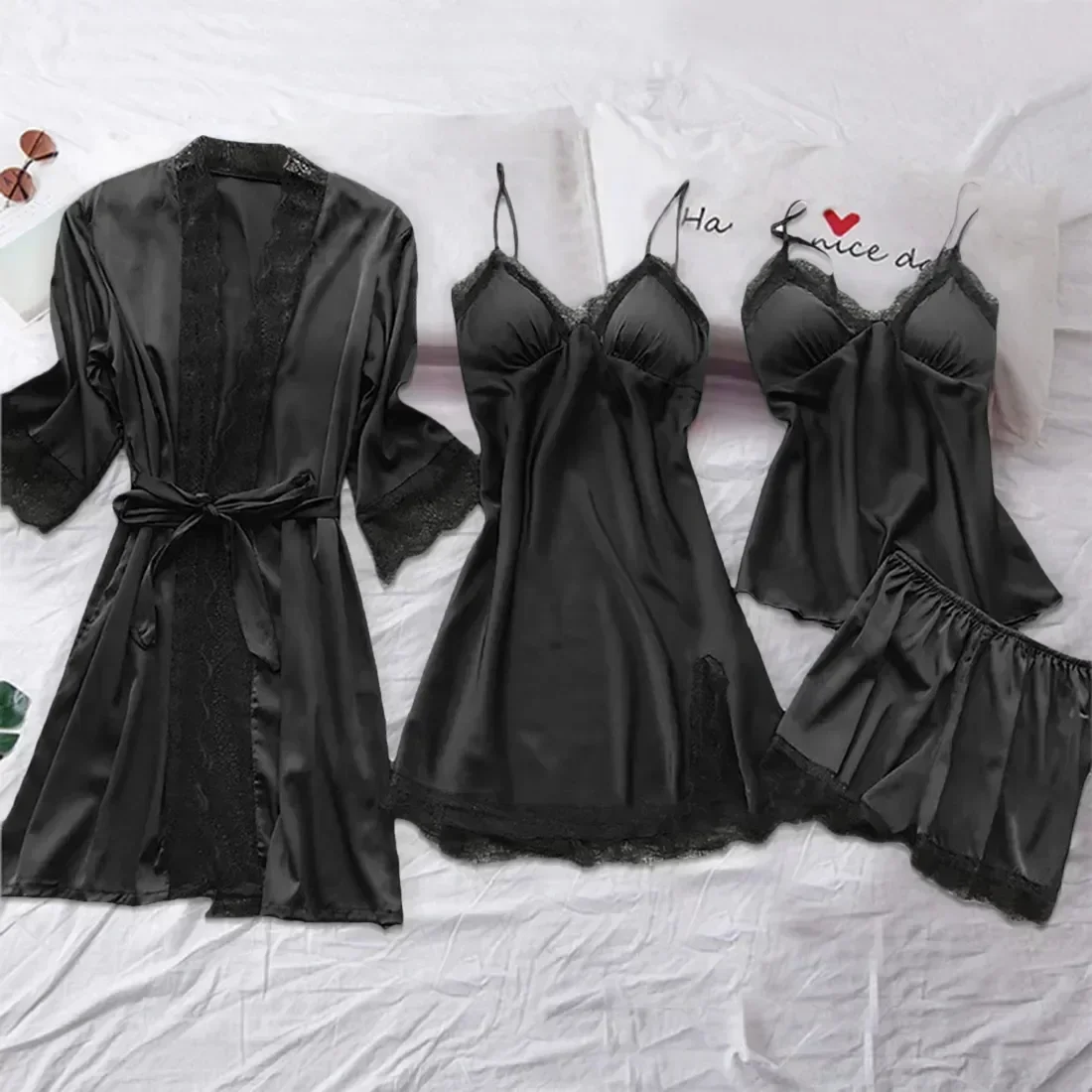 

Wear Nightdress Home Spring Nightwear Gown Robe Pijama Satin Cami Lace Silk Womens Sleep V-neck Set Suit Pajamas Nighties