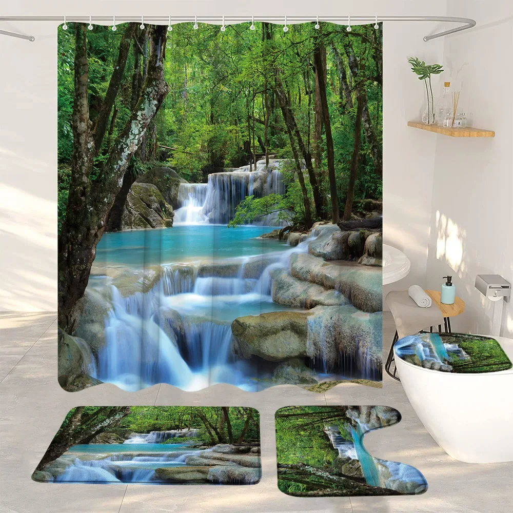 

Forest Waterfall Shower Curtain And Rug Bathroom Set Tropical Plants Sandy Beach Tropical Landscape Bathroom Decor Accessories