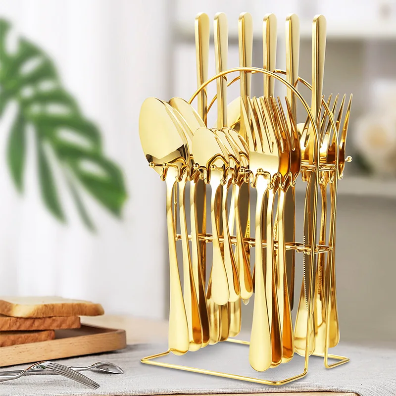 Stainless Steel Tableware 24 Pieces Gold-painted Paint Wide Blade Steak Knife Fork Spoon With Storage Rack Gift Box Set
Stainless Steel Tableware 24 Pieces Gold-painted Paint Wide Blade Steak Knife Fork Spoon With Storage Rack Gift Box Set