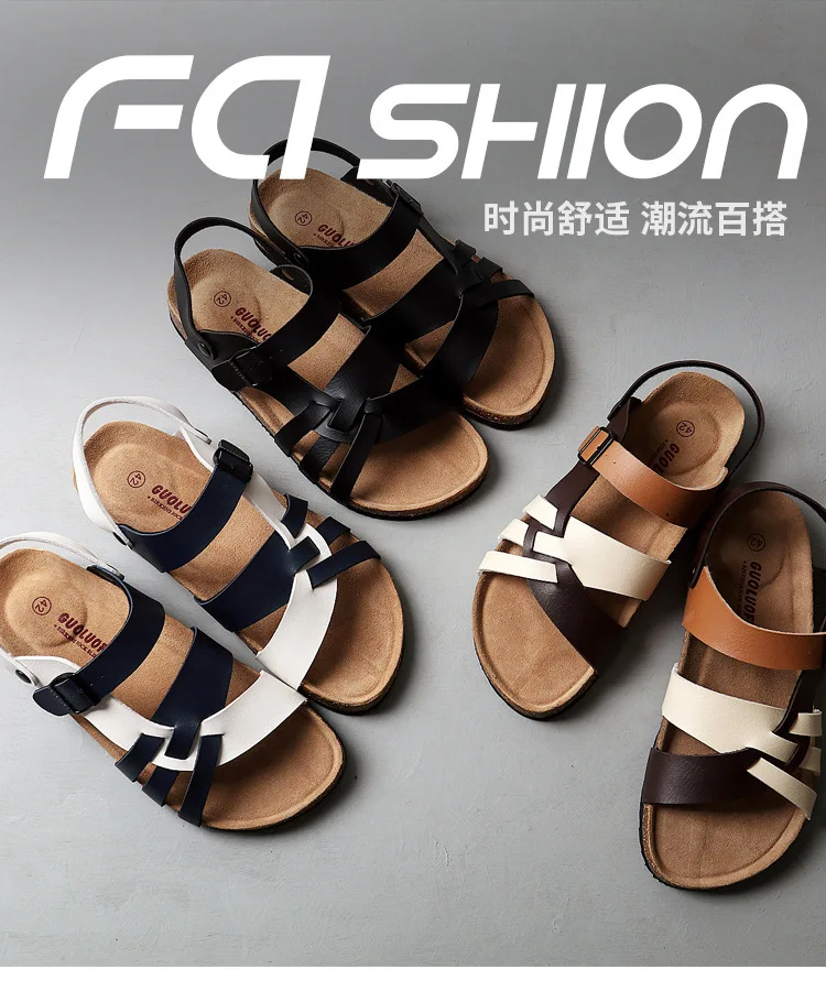 

2023 New Cross-straps Leather Sandals for Women Men Unisex Summer Casual Rome Cork Flat Slippers with Metal Buckles