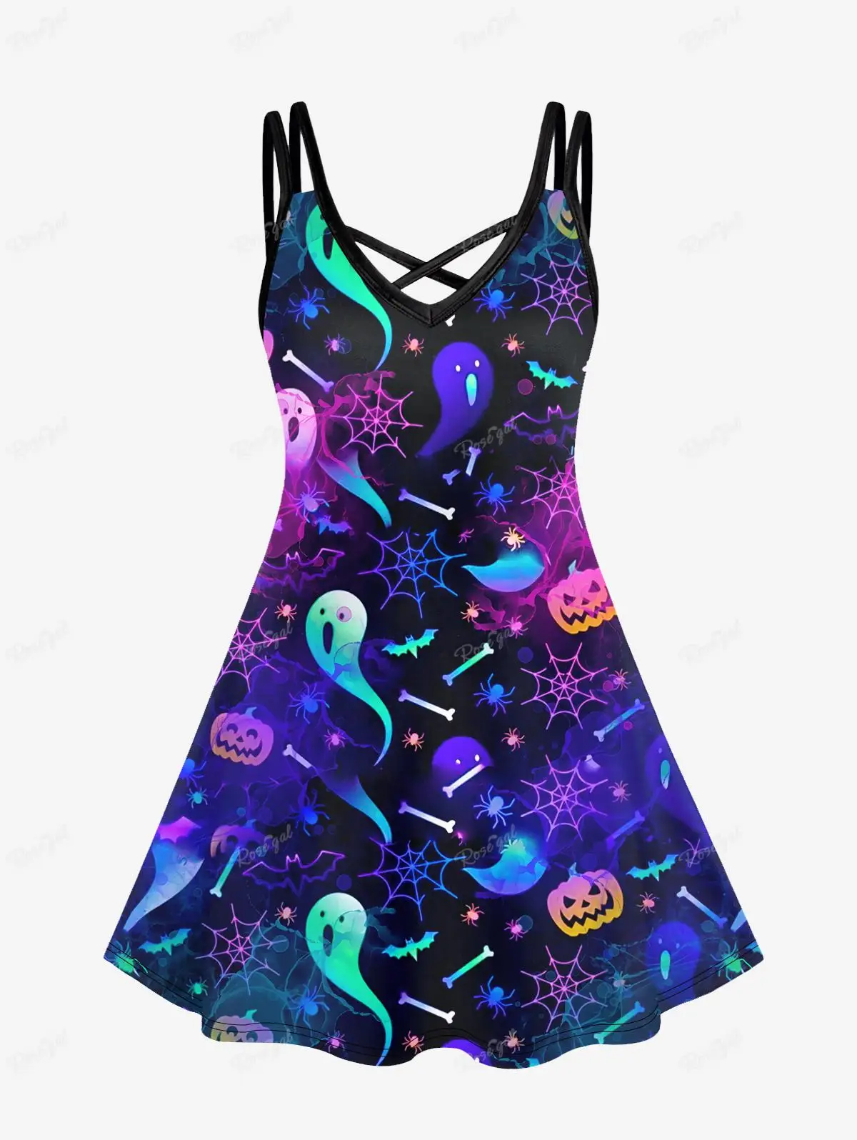

XS-6X Gothic Women's Dresses Ghost Pumpkin Bat Spider Web Print Crisscross Cami Dress Colorful Midi Vestidos