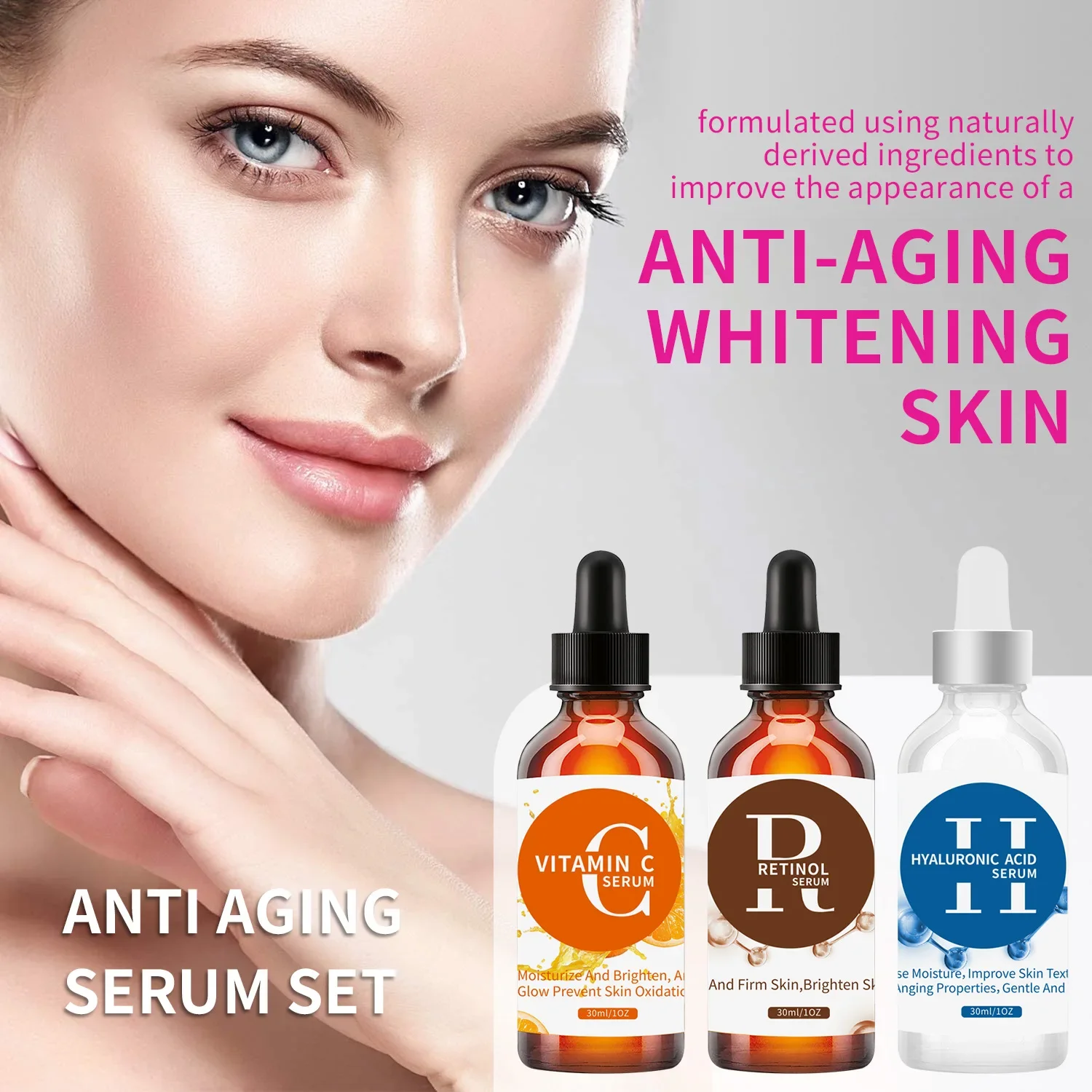 

3 PCS Serum Set Pure Hyaluronic Acid Vitamin C & Retinol Serum for Face Plumping Anti-Aging Hydrating Facial Skin Care 30ml x3
