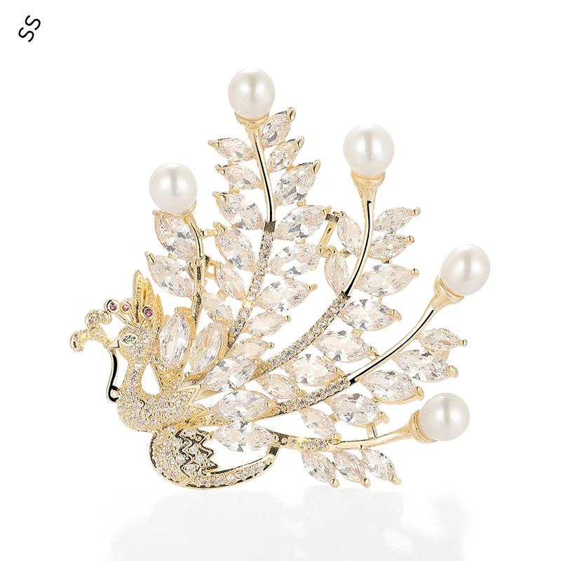 

Luxury Women High-grade Copper Zircon Phoenix Brooch Natural Freshwater Pearl Peacock Corsage Clothing Accessory Pin