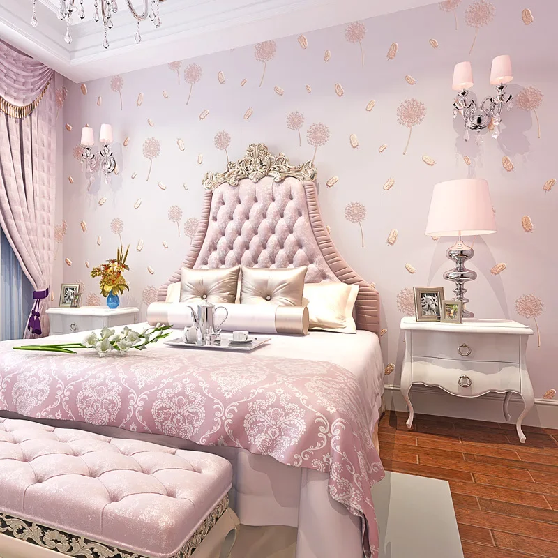 

Fine Embossed Pink Dandelion Feather Bedroom Living Room 3D Wallpaper Fresh Rural Non-woven Children's Room Wallpaper