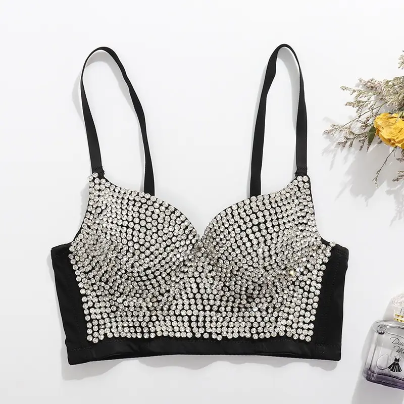 

Women Corset Camis Stage Beading Diamend Female Crop Top Hot Wind Body Shaping Backless Tank Strap Lady Cotton Blended Vest 2023