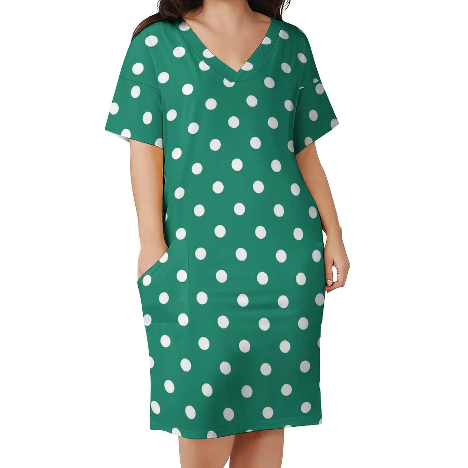 

Vintage Polka Dots Dress V Neck White And Green Kawaii Dresses Woman Basic Graphic Casual Dress With Pockets Big Size 4XL 5XL