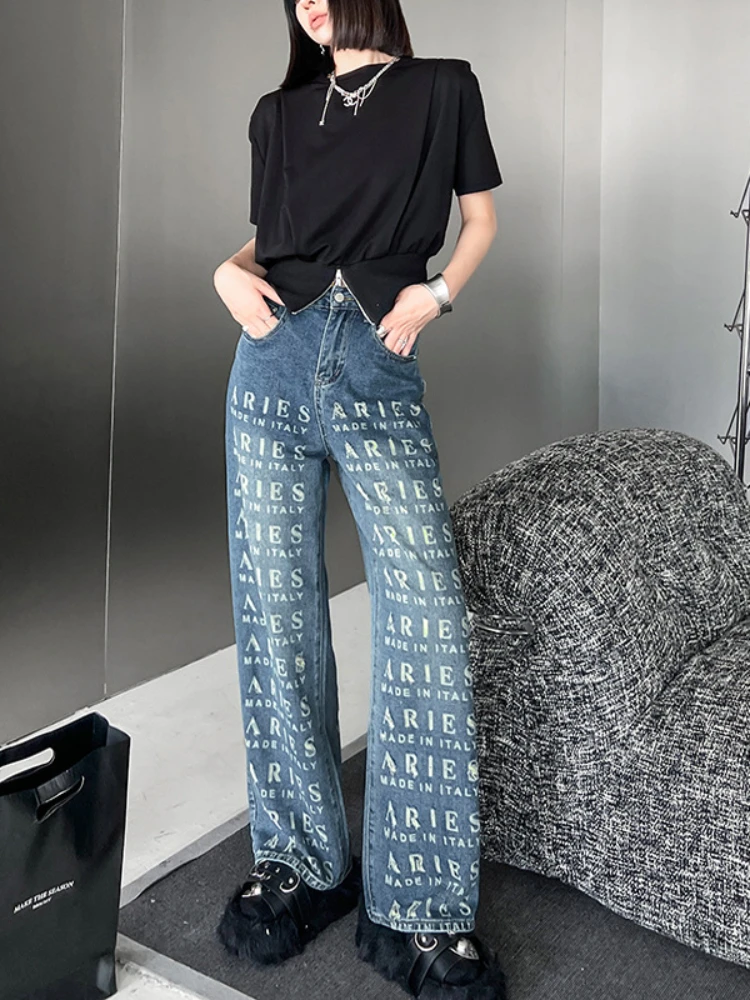 

2024 American High Waisted Ripped Jeans Women's Spring Summer New Washed Loose Slimming Straight Leg Wide Leg Pants Tide